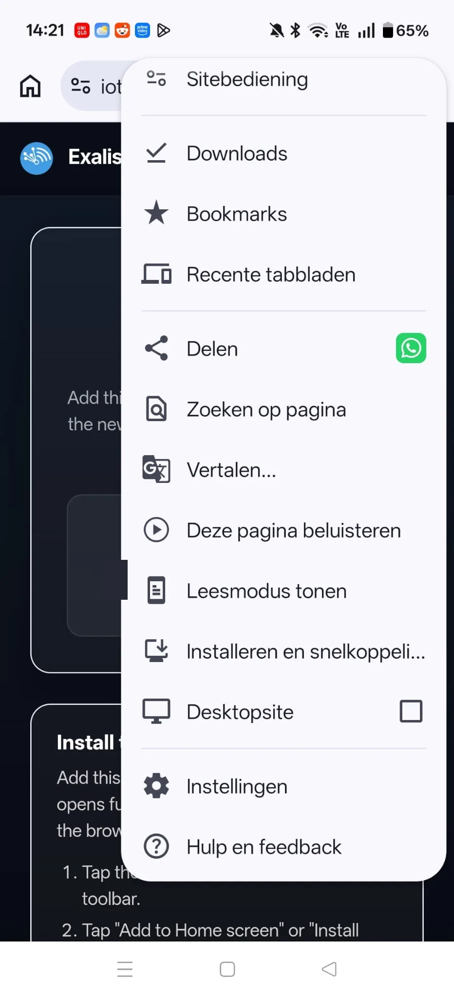 Het driepuntjesmenu van Chrome met de installatieoptie.