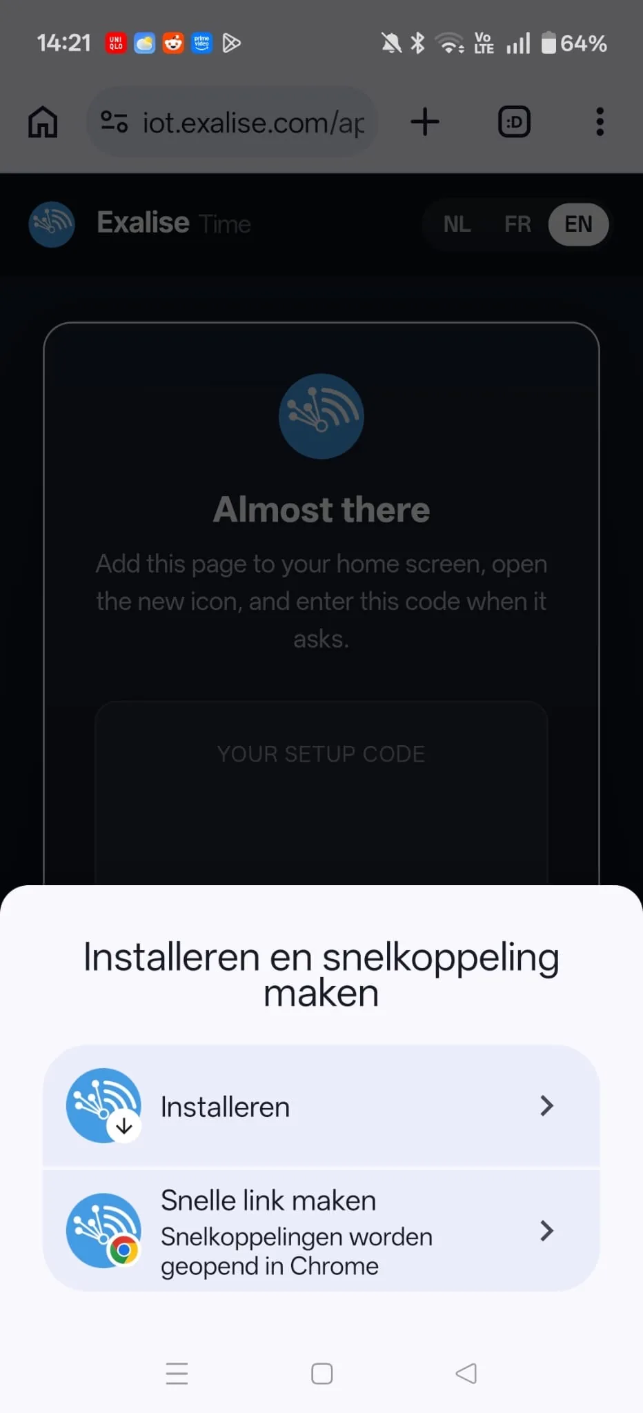 Een venster met de keuze "Installeren" of "Snelle link maken".