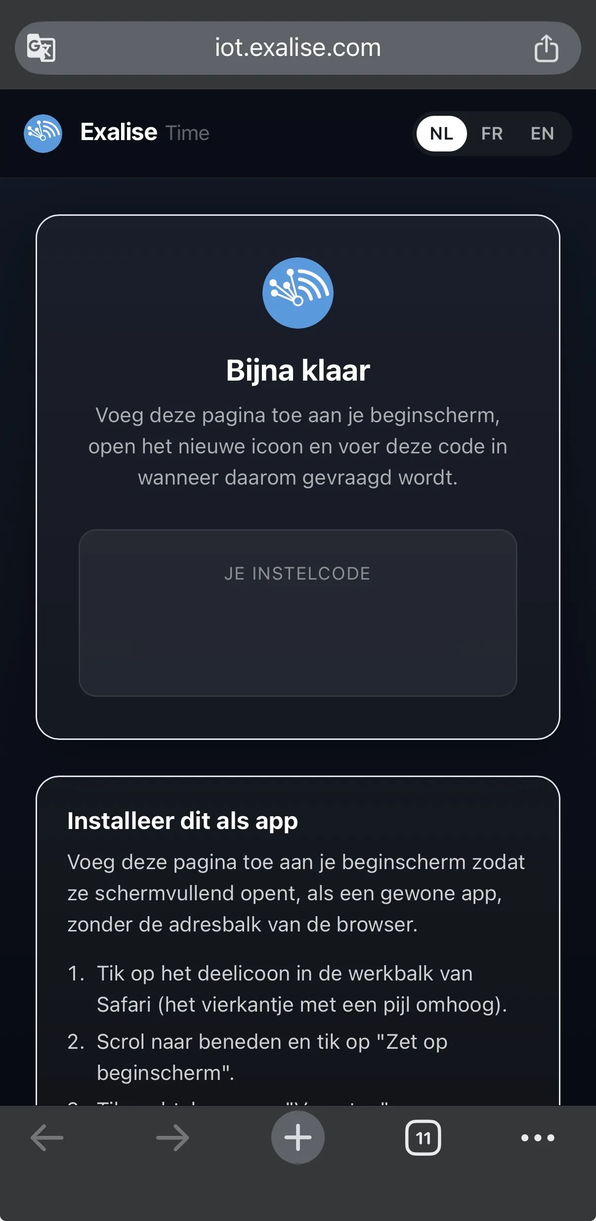 De Exalise Time-pagina in Safari, met de instelcode.