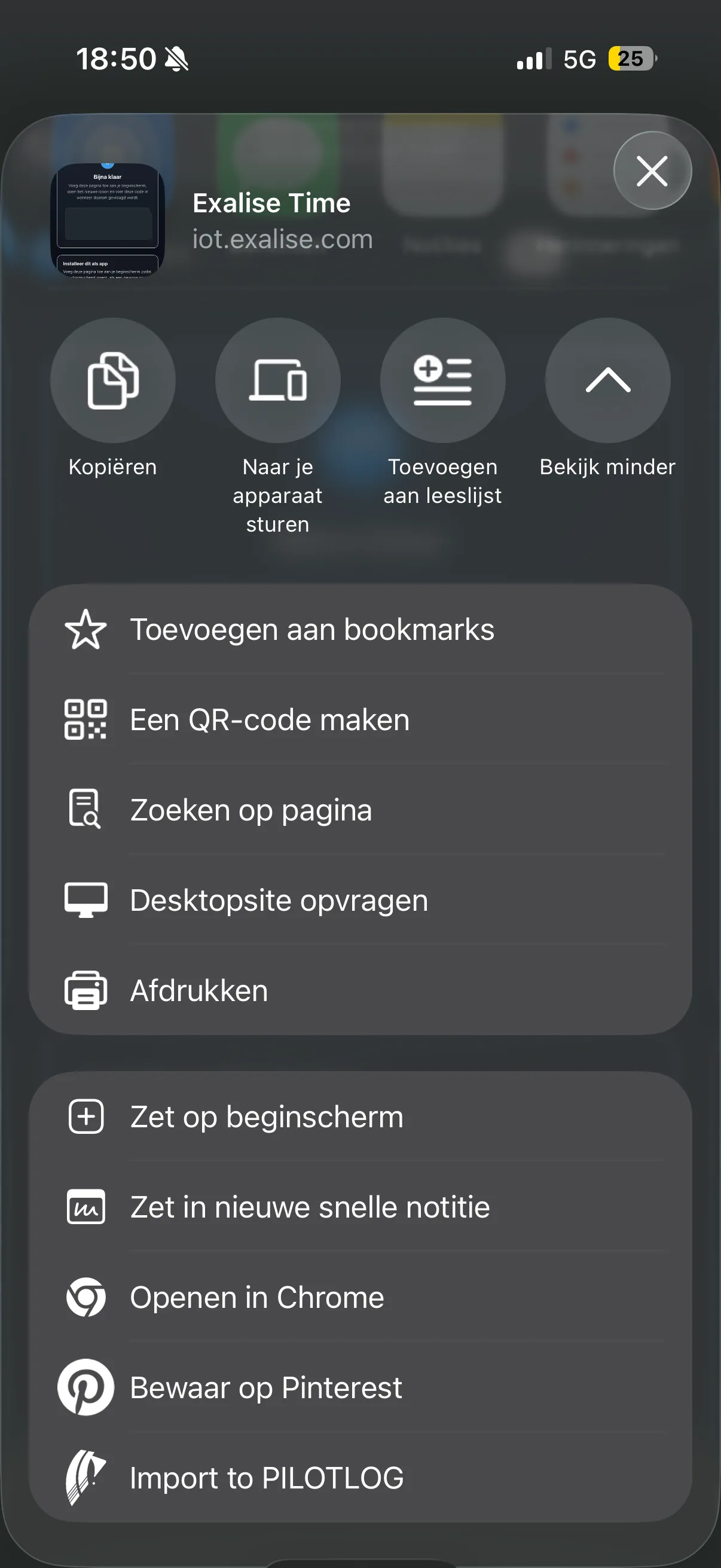 Het deelmenu van Safari met "Zet op beginscherm" in de lijst.