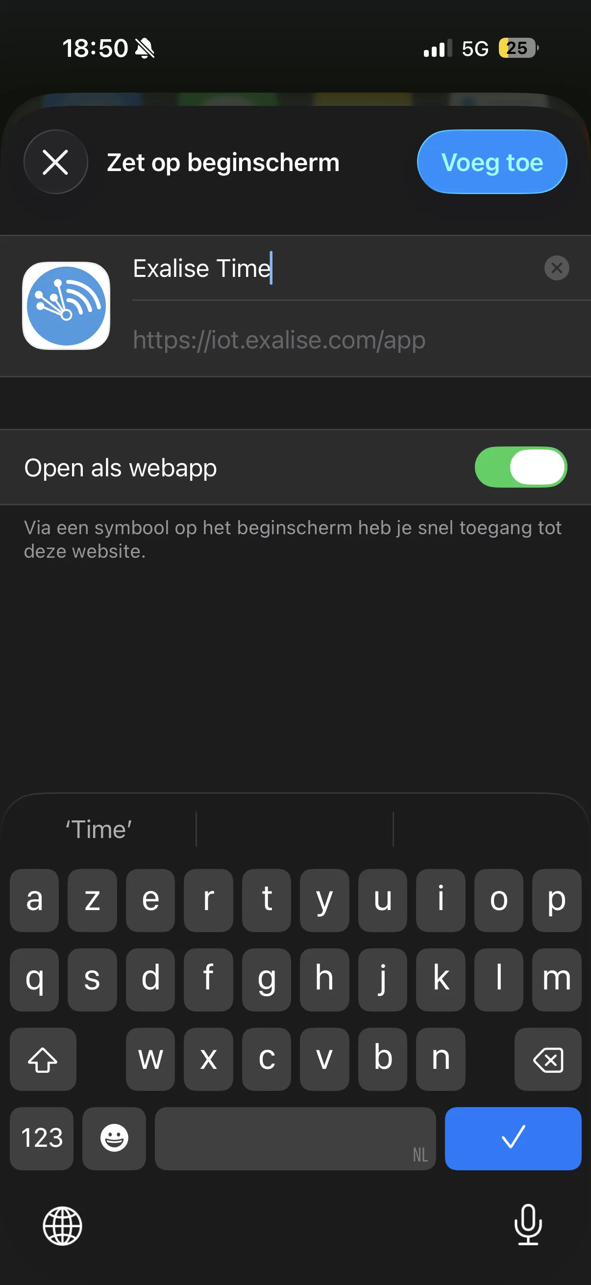 Het scherm "Zet op beginscherm" met de knop Voeg toe rechtsboven.